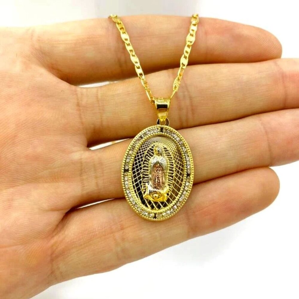Womens Girls Virgen de Guadalupe Necklace Religious Jewelry CZ Stone Gold Filled